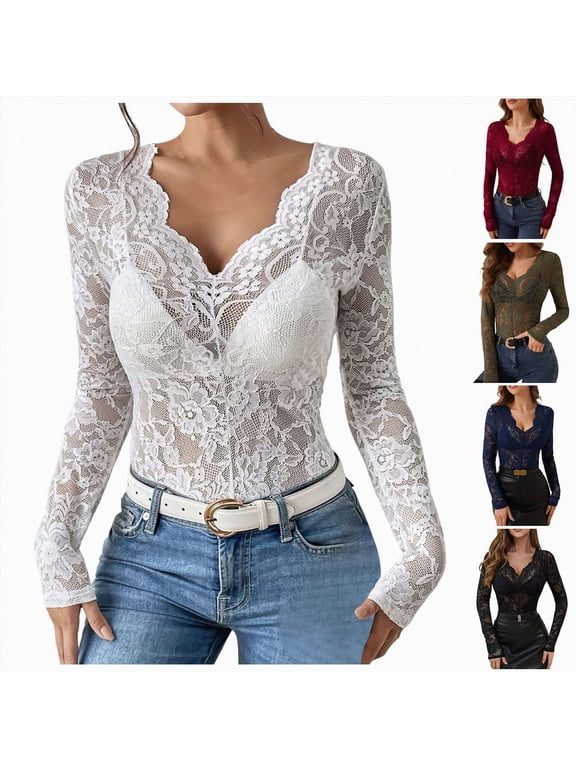Women's Lace Long Sleeve Top Sheer Floral Lace Shirt Elegant V Neck Sexy Undershirt Blouse Mesh Going Out Trendy (Black, L)