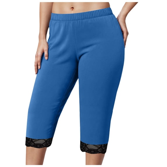 COMVALUE Women's Lace Trim Capri Leggings Stretch Crop Leggings Plus Size Summer Tights Pants (Blue, 3XL)