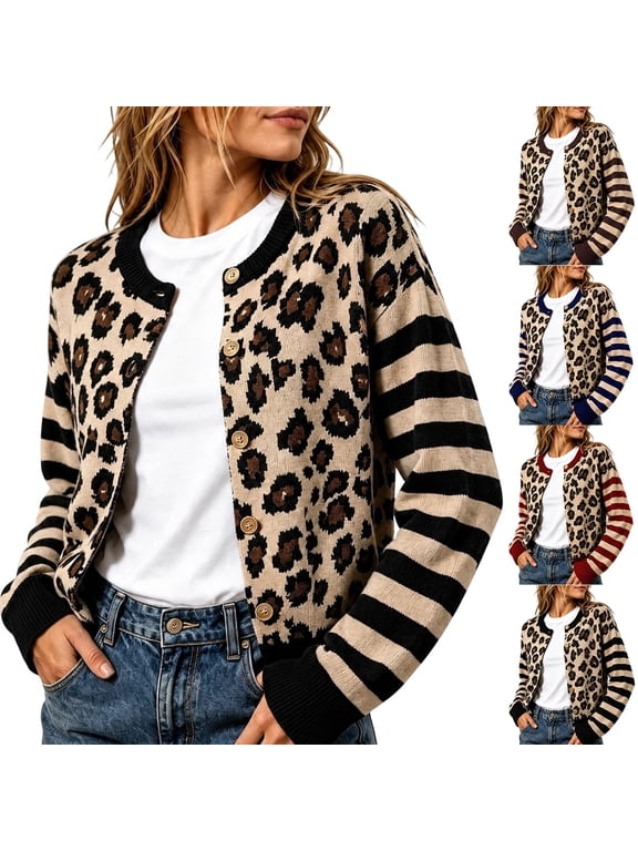 Women's Leopard Print Cardigan Sweaters Striped Sleeve Button Up Sweater Long Crewneck Fall Winter Fashion Casual Top (Navy, L)