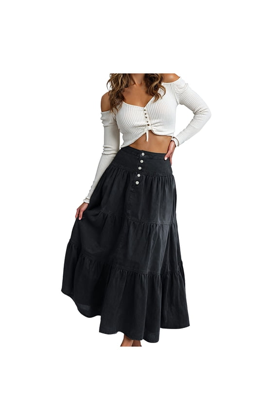 Women's Long Jean Denim Tiered Button Down High Waisted Maxi Skirts (Black, S)