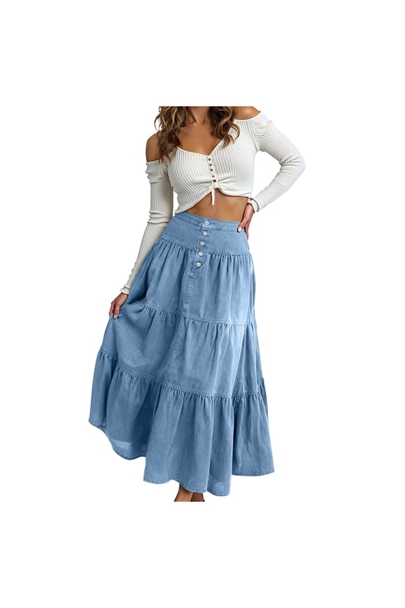 Women's Long Jean Denim Tiered Button Down High Waisted Maxi Skirts (Blue, M)