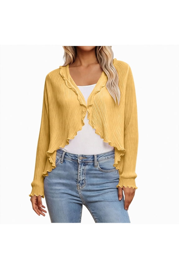 Women's Long Sleeve Cardigan Sweaters Open Front Cropped Bolero Shrugs for Dresses (Gold, One Size)