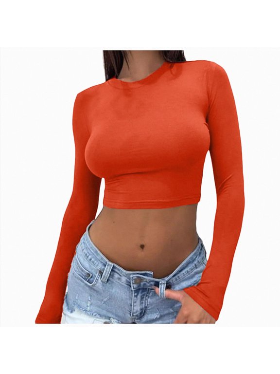 Women's Long Sleeve Crop Tops Y2K Crewneck Cute Sexy Slim fit Cropped T Shirts Red M