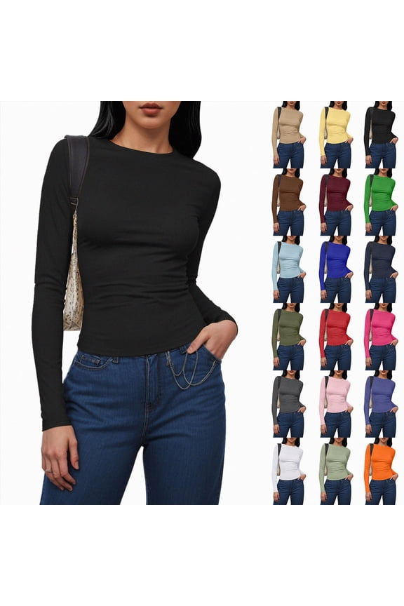 Women's Long Sleeve Shirts Basic Fitted Top Crewneck Plain Fall Winter Y2k Going Out Crop Tops Cute Tight Shirts White for Size M