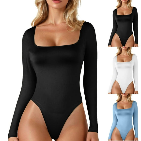 COMVALUE Women's Long Sleeve Square Neck Bodysuit Sexy Body Suits Shirt Slim Fitted Tops (Black, XL)
