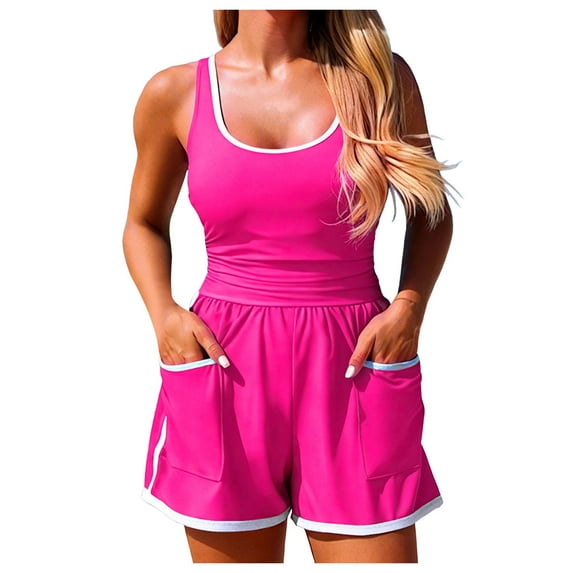 COMVALUE Women's One Piece Ruched Color Block Trim Tank Top Open Pockets Romper Swimsuit (White, L)