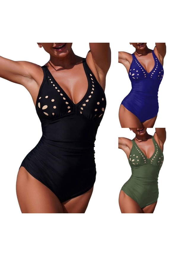 Women's One Piece Swimsuit Tummy Control Ruched Bathing Suit Sexy Fashion Open Back Petal Hollow V Neck Swimwear 2026 (Black, M)