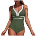 thumbnail image 1 of COMVALUE Women's One Piece Swimsuit V Neck Shell Stitched Bathing Suit Adjustable Crisscross Strappy Ruched Swimwear (Army Green, S), 1 of 7