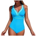 thumbnail image 1 of COMVALUE Women's One Piece Swimsuit V Neck Shell Stitched Bathing Suit Adjustable Crisscross Strappy Ruched Swimwear (Sky Blue, M), 1 of 7