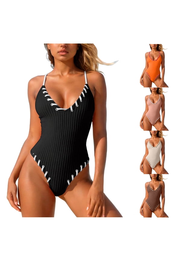 Women's One Piece Swimsuits V Neck Binding Ribbed Swimwear High Cut Bathing Suit (Orange, S)