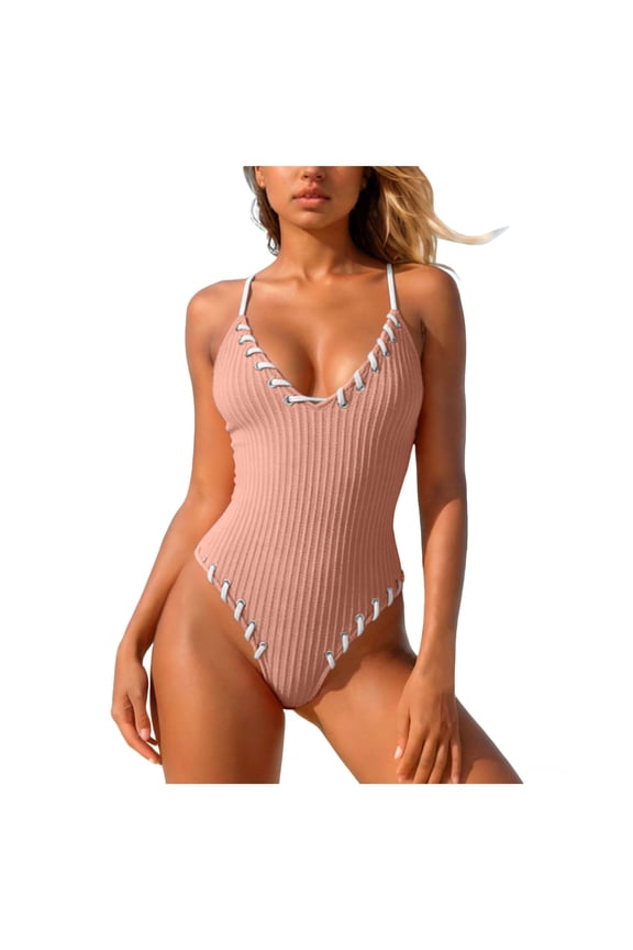Women's One Piece Swimsuits V Neck Binding Ribbed Swimwear High Cut Bathing Suit (Pink, L)