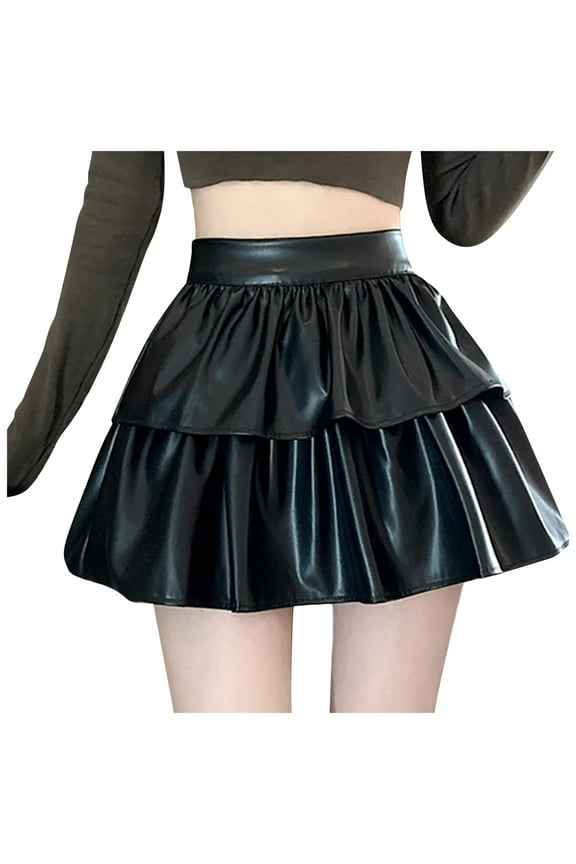 Women's PU Leather Skirt,Puffy Double Layer Ruffled,Pleated, Skirt Wrapped Skirt (Black, M)