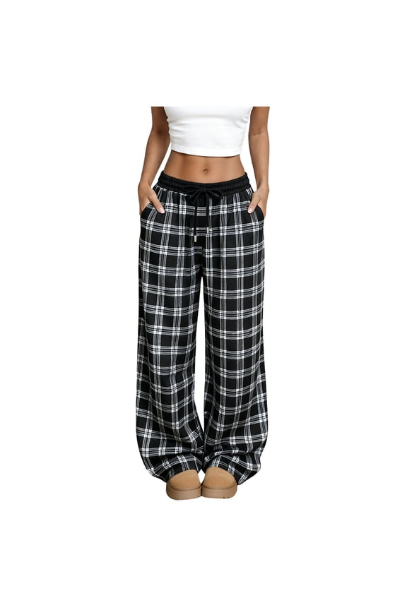 Women's Plaid Checkered Flannel Pajama Pants, Wide Leg, Lounge Sweatpants with Pockets (Black, S)
