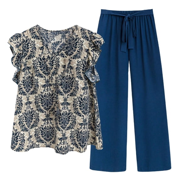 COMVALUE Women's Plus Size Summer Two Piece Sets Ruffle Cap Sleeve Floral Blouse Belted Pants Outfits (Blue, L)