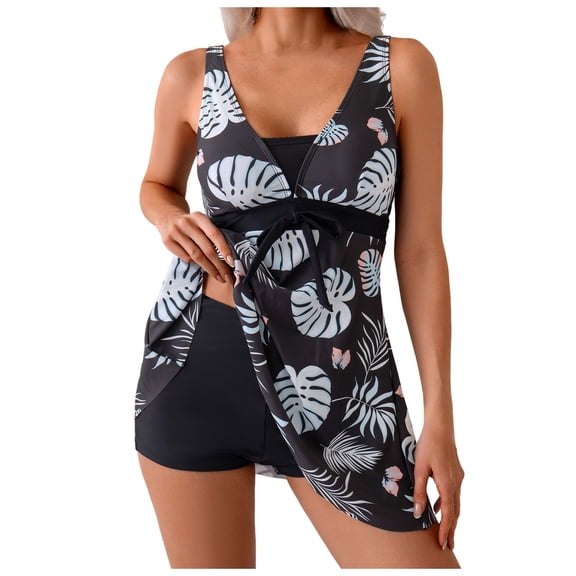 COMVALUE Women's Plus Size Tankini Swimsuit Two Piece Tummy Control Bathing Suits Flowy Swim Dress with Shorts (Black, M)