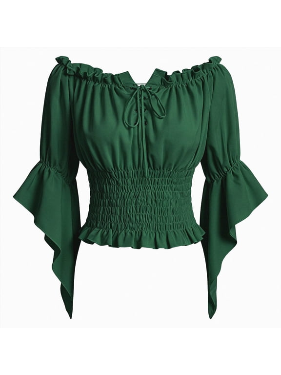 Women’s Renaissance Peasant Blouse Off Shoulder Bell Sleeve Top Medieval Pirate Corset Shirt for Ren Faire Cottagecore (Green, XL)