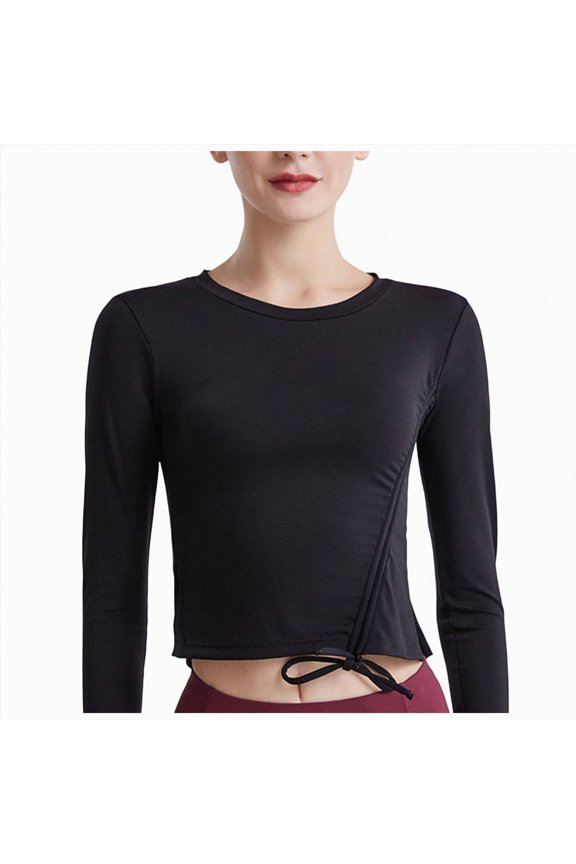 Women's Ribbed Knit T Shirt Drawstring Side Ruch Long Sleeve Slim Crop top (Black, XXL)