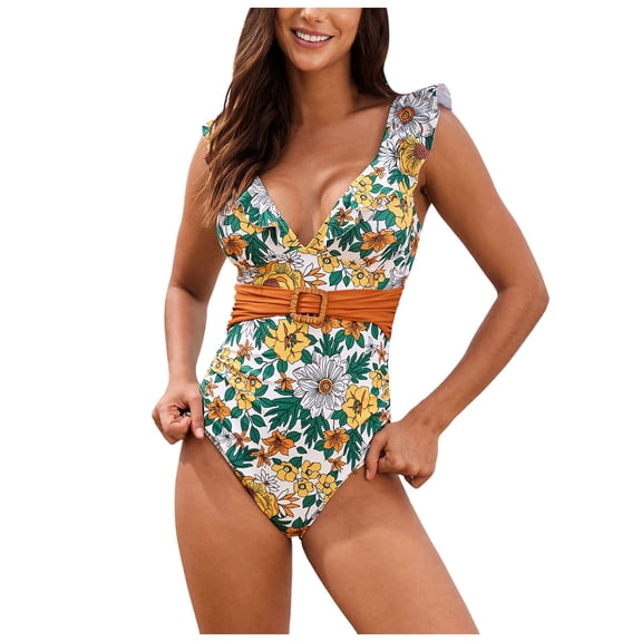 COMVALUE Women's Ruffle One Piece Swimsuit Tummy Control Bathing Suits V Neck Lace Up Swimwear (Yellow, S)