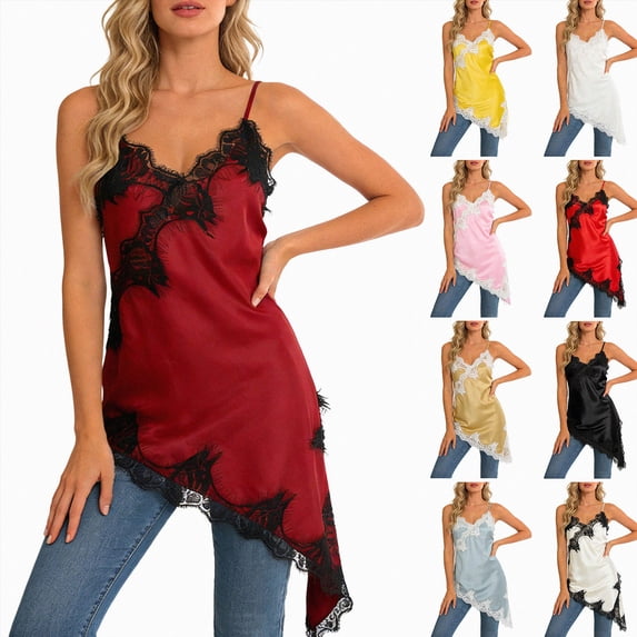COMVALUE Women's Satin Lace Dress Asymmetric Cocktail Mini Dress Layering Essentials Elegant Dresses Date Night Outfits Red Size XL