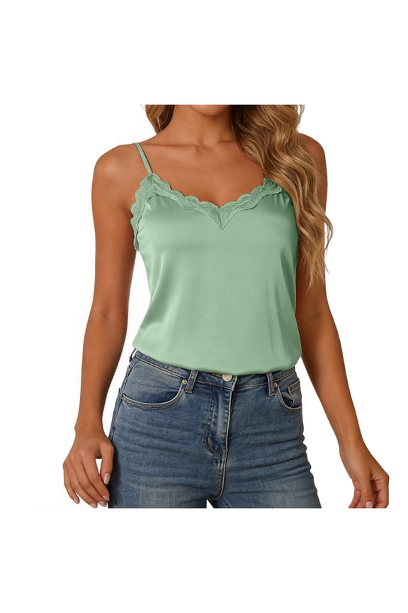 Women's Satin Tank Summer Top Adjustable Spaghetti Lace Trim V Neck Strap Camisole (Light Green, S)