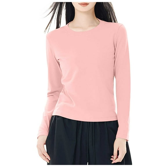 COMVALUE Women's Seamless Layering Shirts Solid Color Long Sleeve Crew Neck Underwear Shirts Lightweight Breathable Stretch Fitted Inner Top Warm Winter Base Layer( Pink,L)