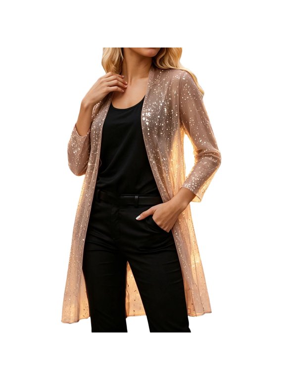 Women's Sequin Jacket Long Sleeve Open Front Blazer Glitter Sparkly Coat Party Casual Cardigan (Beige, XL)