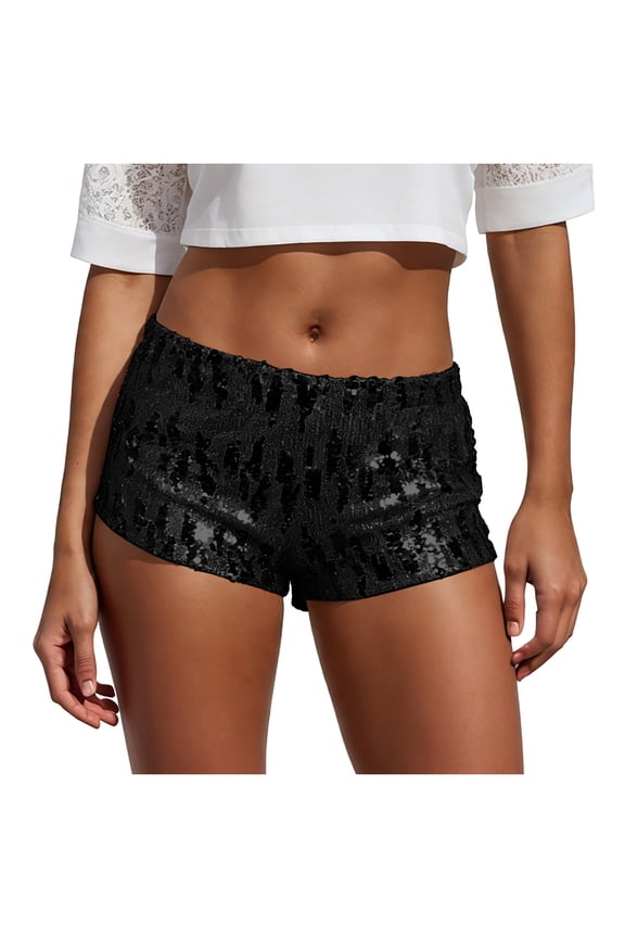 Women's Sequin Mini Shorts Glitter Low Rise Skinny Sparkly Rave Party Shorts (Black, L)