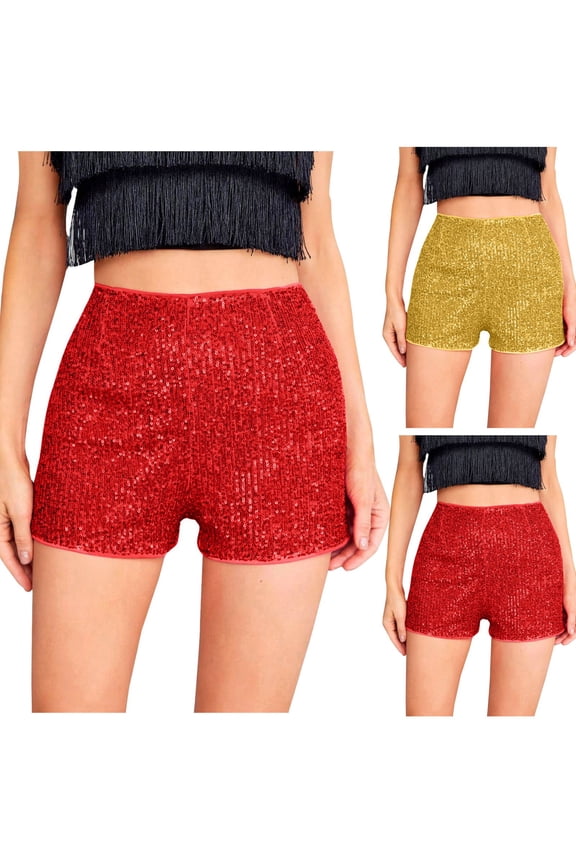 Women's Sequin Sparkle Elastic High Waist A Line Party Concert Shorts (Red, S)
