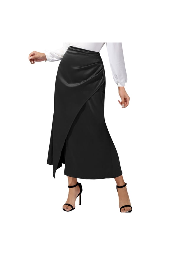 Women's Sexy Midi Skirt Asymmetrical Split Slit Ruched Hight Waist Bodycon Party Skirts (Black, XL)