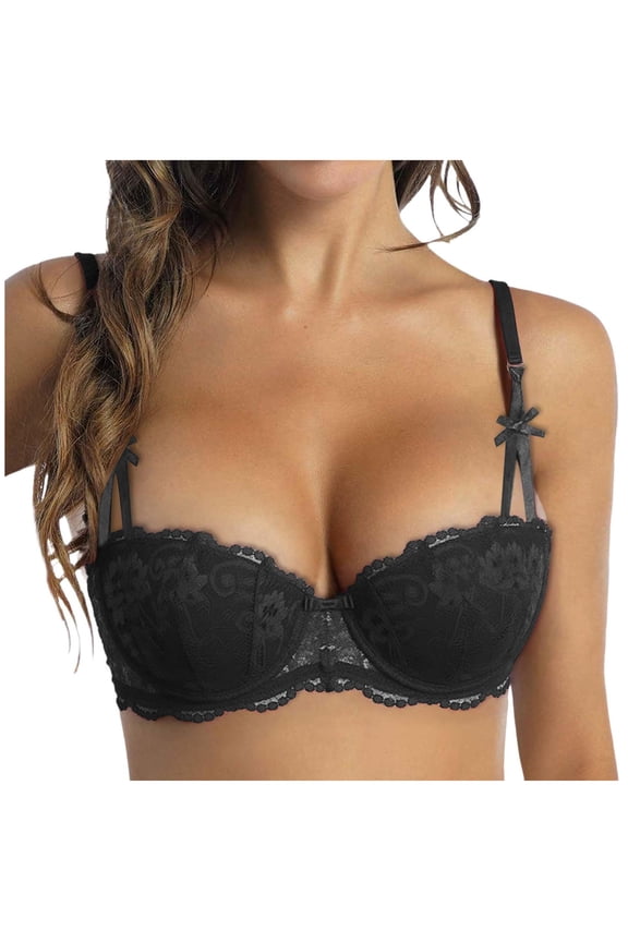 Women's Sexy Lace Bra Sheer Balconette Underwire Everyday Bras Lingerie (Black, 34)