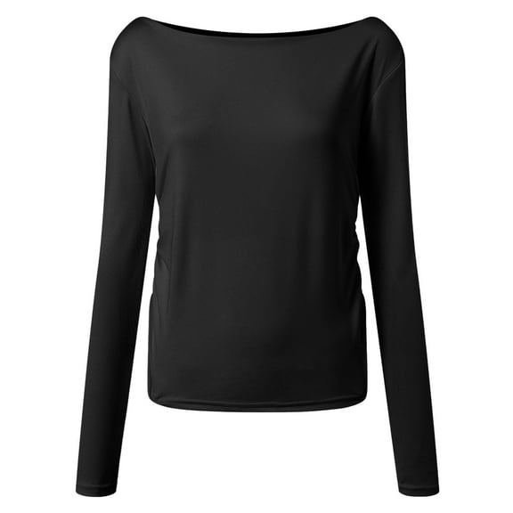 COMVALUE Women's Sexy Off Shoulder Shirt Long Sleeve Double Lined Top Side Ruched Fitted Tee (Black, L)