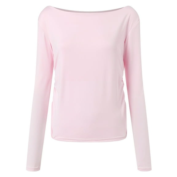 COMVALUE Women's Sexy Off Shoulder Shirt Long Sleeve Double Lined Top Side Ruched Fitted Tee (Pink, XS)