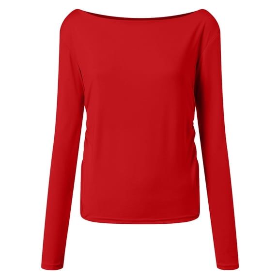 COMVALUE Women's Sexy Off Shoulder Shirt Long Sleeve Double Lined Top Side Ruched Fitted Tee (Red, M)