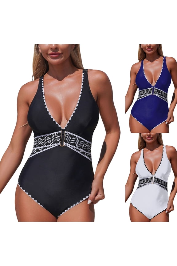 Women's Sexy One Piece Swimsuit Ruched Tummy Control Bathing Suit Plunge Color Block Swimwear (Black, L)