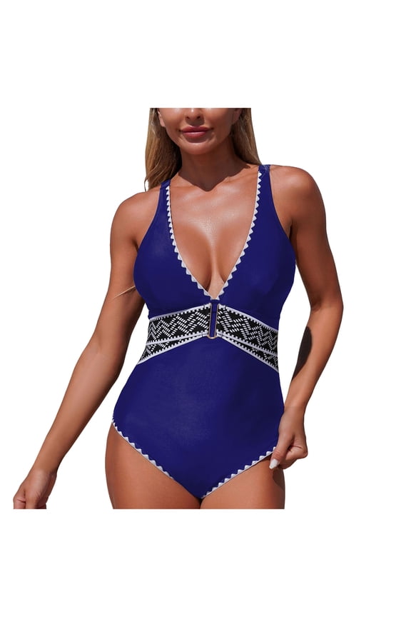 Women's Sexy One Piece Swimsuit Ruched Tummy Control Bathing Suit Plunge Color Block Swimwear (Blue, S)