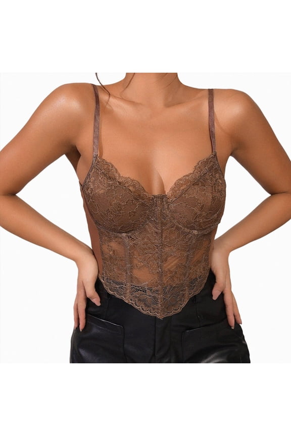 Women's Sexy Sheer Mesh Lace Bodysuit Spaghetti Strap Bustier Corset Tops Rave Party Club Brown for Size M