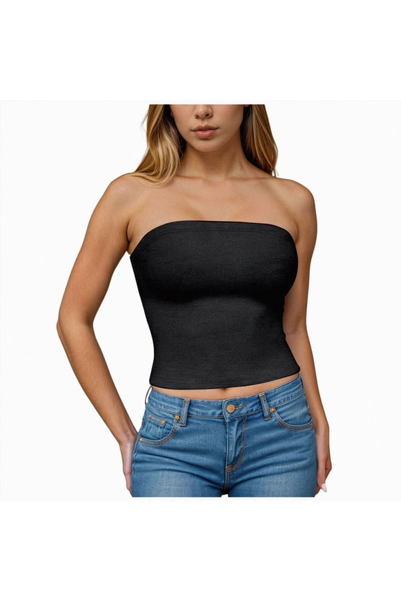 Women's Shapewear Tube Tops Strapless Ruched Built-in Shelf Bra Casual Black for Size L