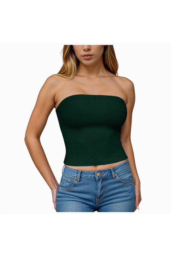 Women's Shapewear Tube Tops Strapless Ruched Built-in Shelf Bra Casual (Green, M)