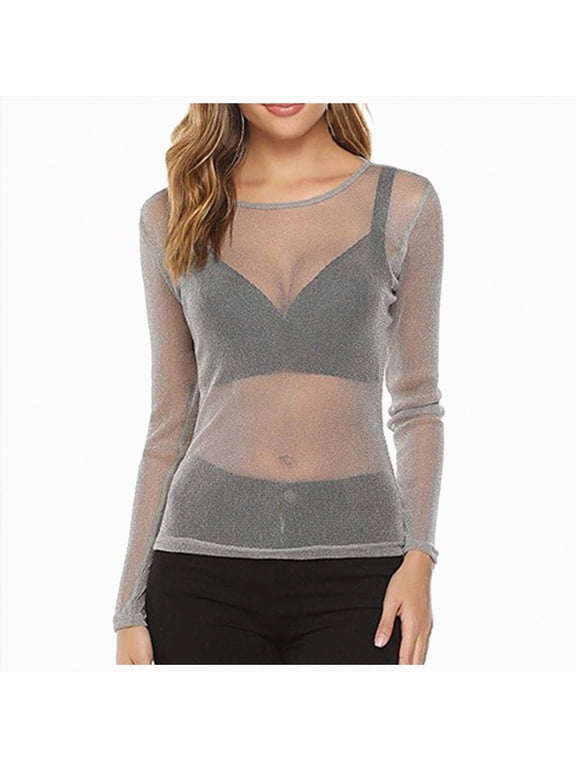 Women's Sheer Mesh Tops Glitter See Through Long Sleeve Bodysuit top Grey for Size L