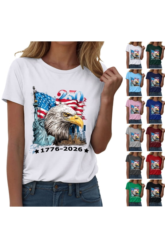 Women's Short Sleeve Patriotic Flag Eagle Print Top 250th Anniversary USA 1776-2026 Tshirt Gift (Blue, XXL)