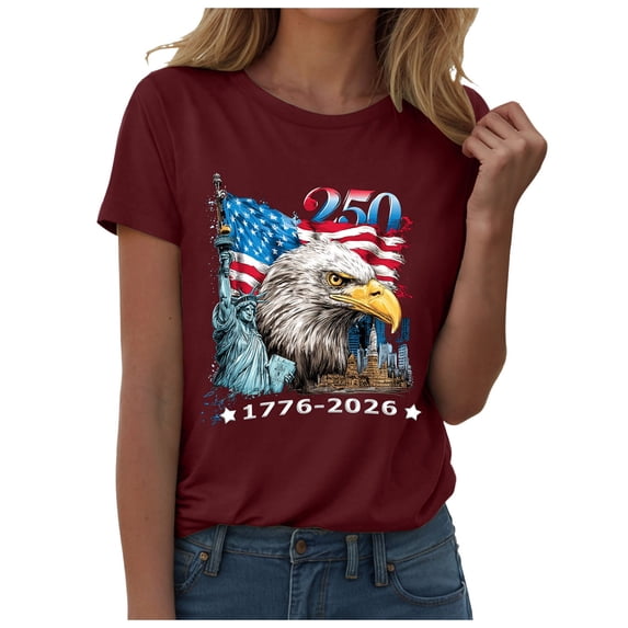COMVALUE Women's Short Sleeve Patriotic Flag Eagle Print Top 250th Anniversary USA 1776-2026 Tshirt Gift (Wine, M)