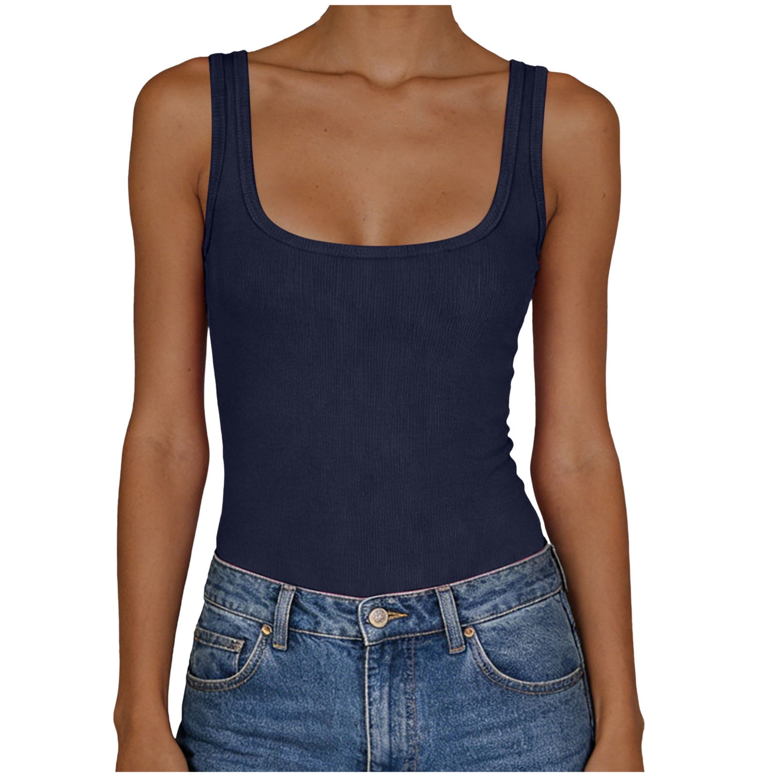 COMVALUE Women's Sleeveless Ribbed Tank Top Trendy Scoop Neck Thick ...