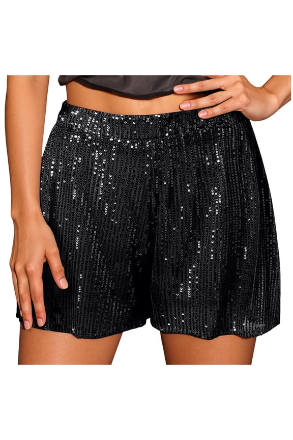 Women's Sparkly Sequin Shorts Elastic Waist Summer Straight Leg Glitter Party Shorts (Black, M)