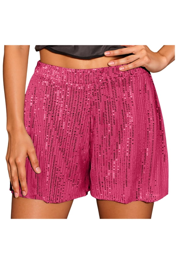 Women's Sparkly Sequin Shorts Elastic Waist Summer Straight Leg Glitter Party Shorts (Hot Pink, M)