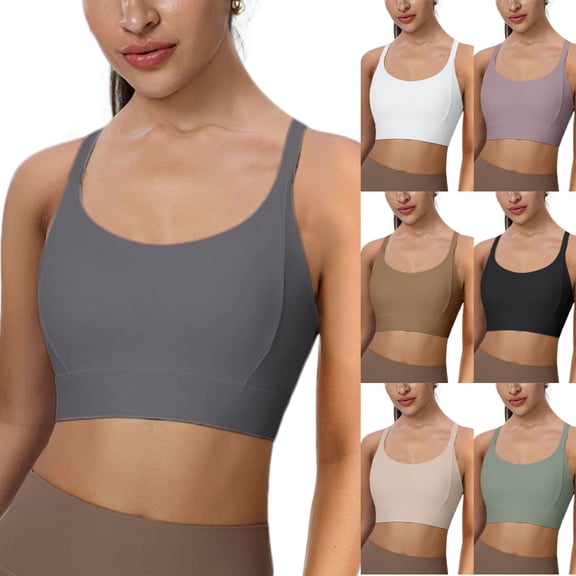 COMVALUE Women's Square Scoop Neck Sports Bra Thin Strap Padded Low Impact Yoga Bra Wireless Workout Crop Top (Coffee, L)