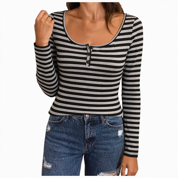 COMVALUE Women's Striped Henley Shirts Scoop Neck Button Front Long Sleeve Tee Fitted Tops (Black, M)