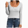 thumbnail image 1 of COMVALUE Women's Striped Henley Shirts Scoop Neck Button Front Long Sleeve Tee Fitted Tops (Grey, L), 1 of 5