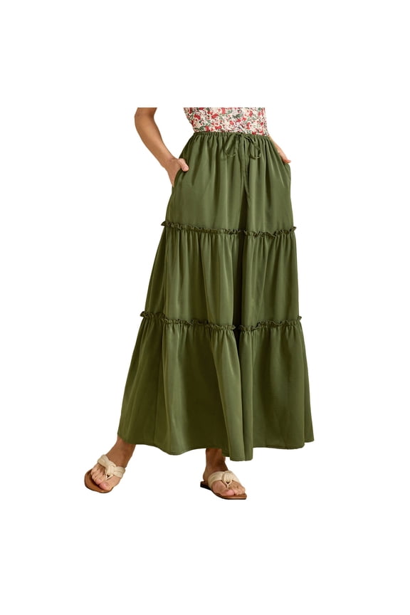 Women's Summer Maxi Skirt Trendy High Waist Pleated Ruffle Long Skirts Flowy Beach Boho Skirt Dress with Pockets (Green, L)