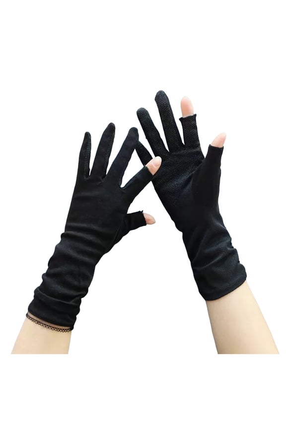 Women’s Summer Sun Protection Driving Gloves Non-slip Touchscreen Sunblock Mid-Length Gloves for Cycling Riding (Black, One Size)