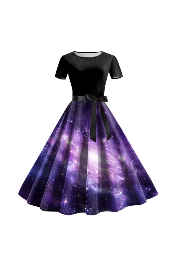 Women's Sun Moon Star Galaxy A-Line Dress Short Sleeve High Waisted Belted Midi Dress (Dark Purple, XL)